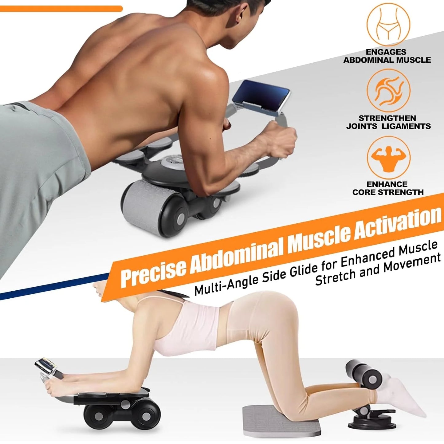 New with Timer Ab Abdominal Exercise Roller with 4 Elbow Supports, Abs Roller Wheel Core Exercise Equipment, Automatic Rebound Abdominal Wheel